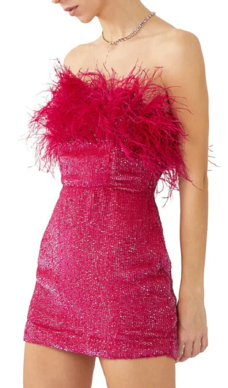 SEQUIN FEATHER STRAPLESS MINI DRESS IN HOT PINK