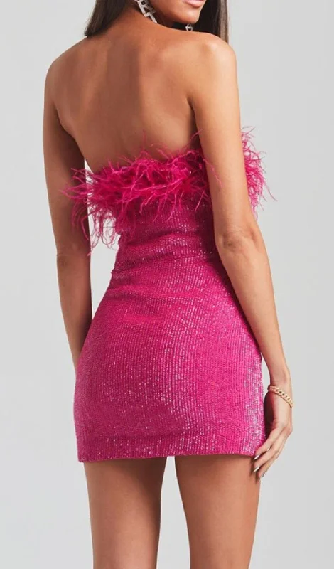 SEQUIN FEATHER STRAPLESS MINI DRESS IN HOT PINK