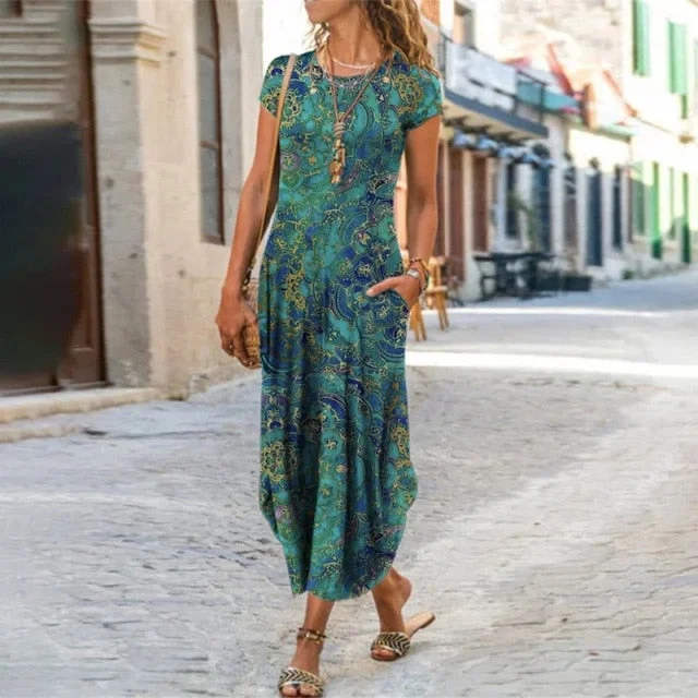 Amy Fashion - Short Sleeve Bohemian Long Dresses