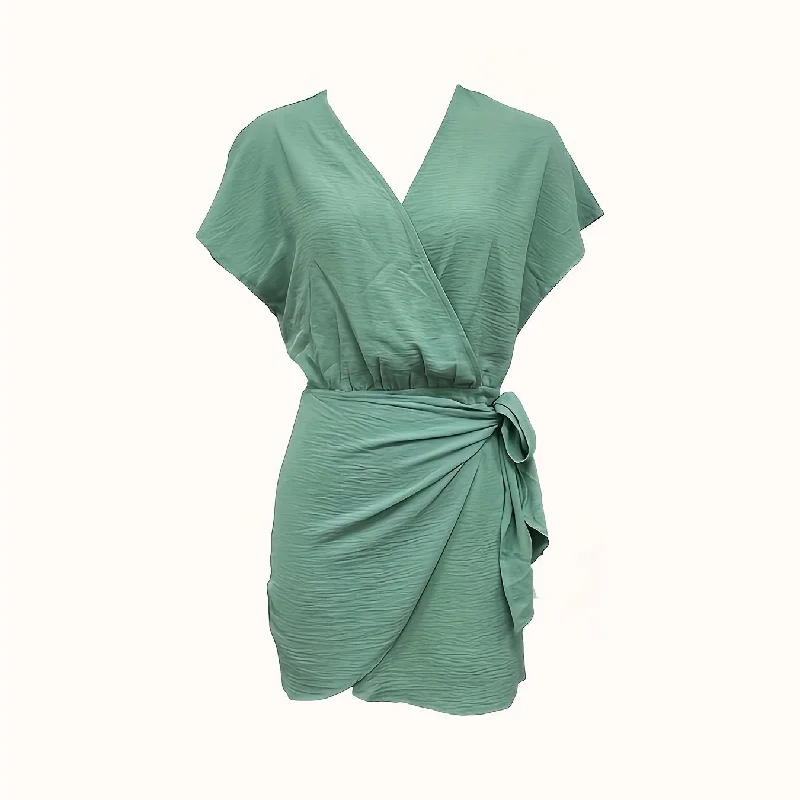 Sixsr Beach V Neck Wrap Dress, Solid Casual Dress For Summer & Spring, Women's Clothing