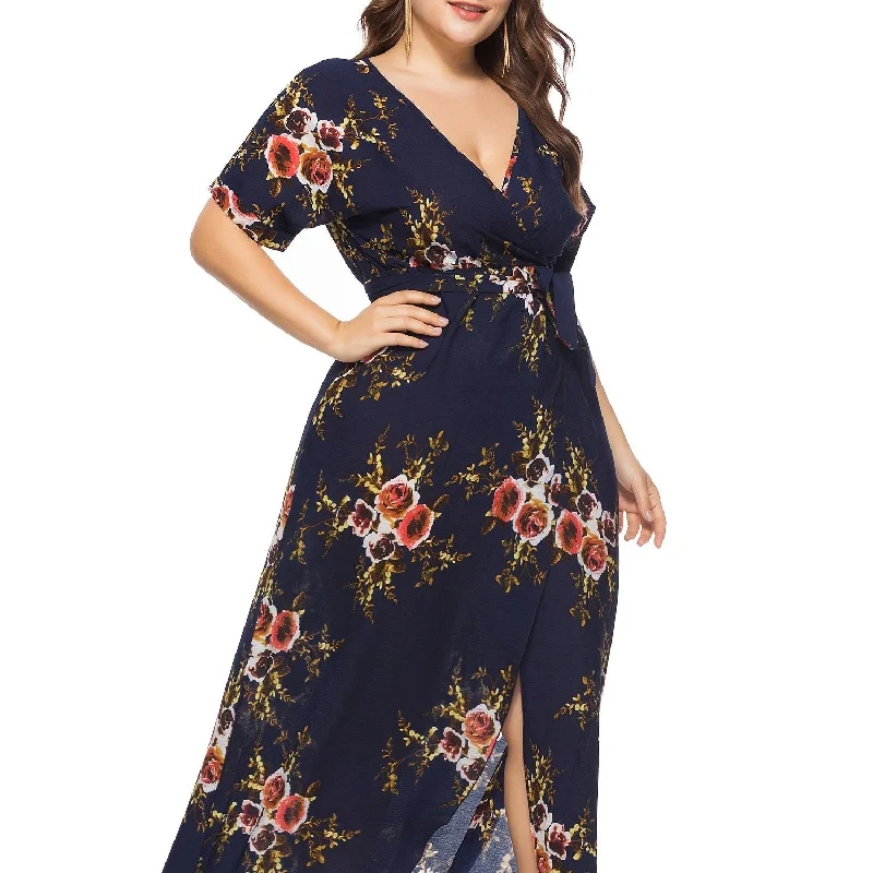 Sixsr Plus Size Floral Print Split Hem Maxi Dress With Belt, Women's Plus V Neck Long Dress, Dress Women