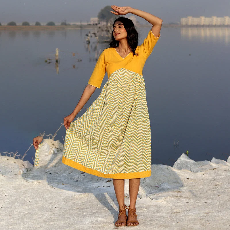 Cotton Maxi Dress for Women | Block Printed | Mustard