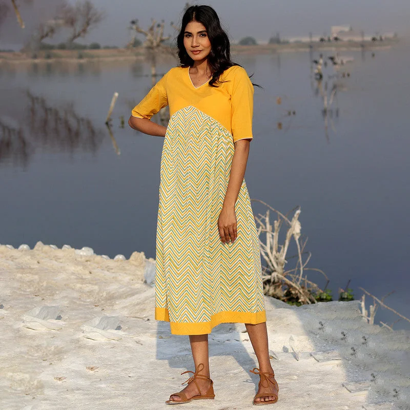 Cotton Maxi Dress for Women | Block Printed | Mustard