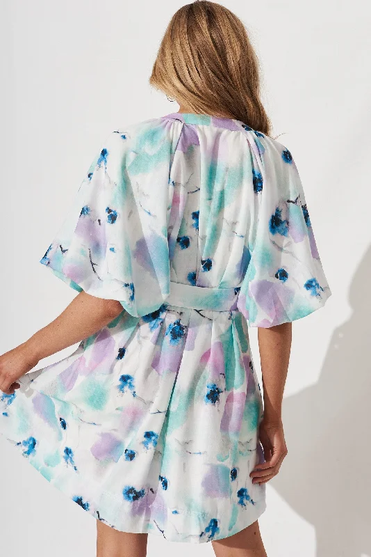 Teagan Dress In White With Blue And Lilac Watercolour Linen Blend