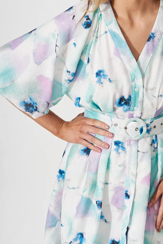 Teagan Dress In White With Blue And Lilac Watercolour Linen Blend