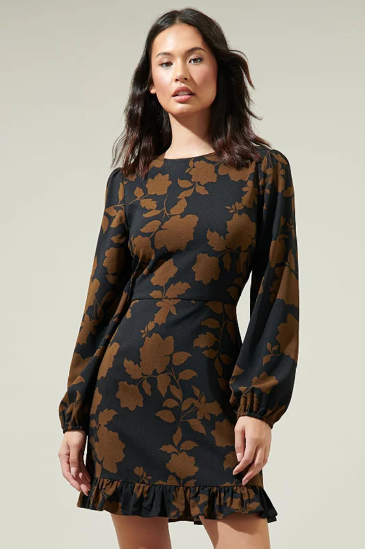 Toffee Floral Ruffle Flounce Mini Dress