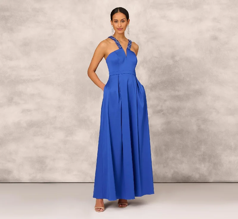 V-Neck Mikado Gown With Jewel Beaded Straps In Royal Sapphire