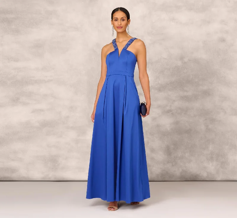 V-Neck Mikado Gown With Jewel Beaded Straps In Royal Sapphire