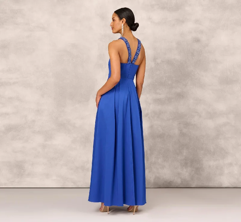 V-Neck Mikado Gown With Jewel Beaded Straps In Royal Sapphire