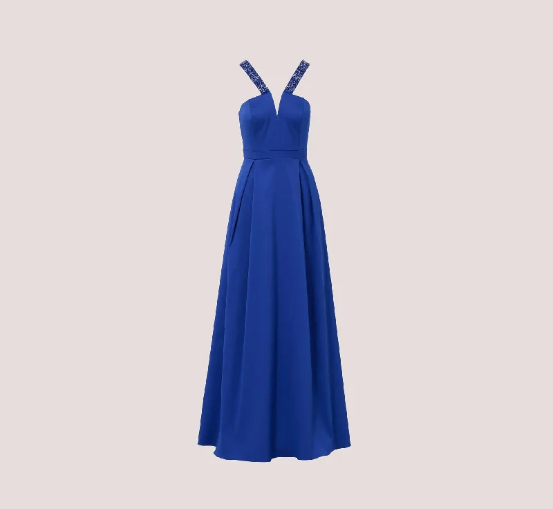 V-Neck Mikado Gown With Jewel Beaded Straps In Royal Sapphire