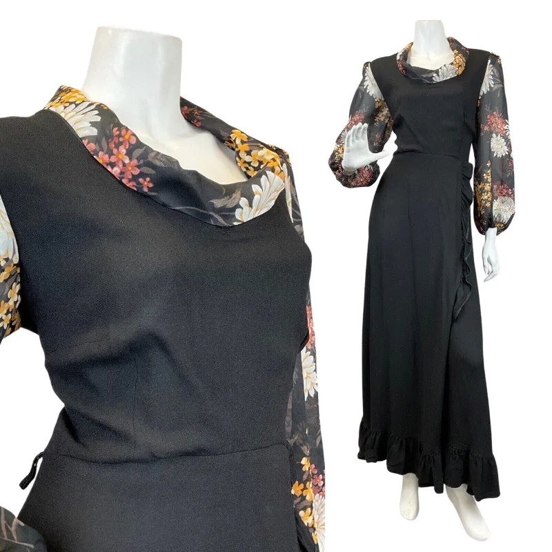 VINTAGE 60s 70s BLACK BROWN BEIGE FLORAL BOHO COWL NECK MAXI DRESS 14 16