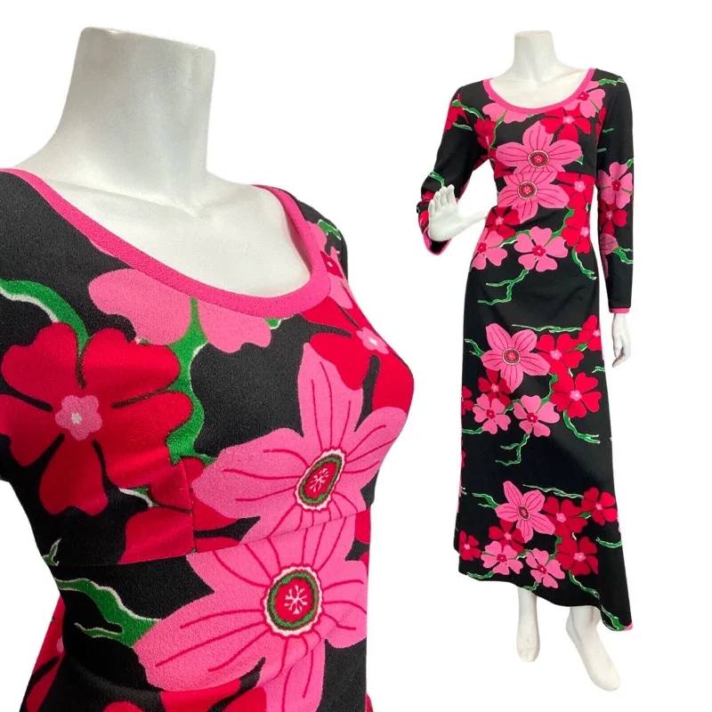 VINTAGE 60s 70s BLACK PINK GREEN FLORAL BLOSSOM MOD ALMEDAHL MAXI DRESS 12