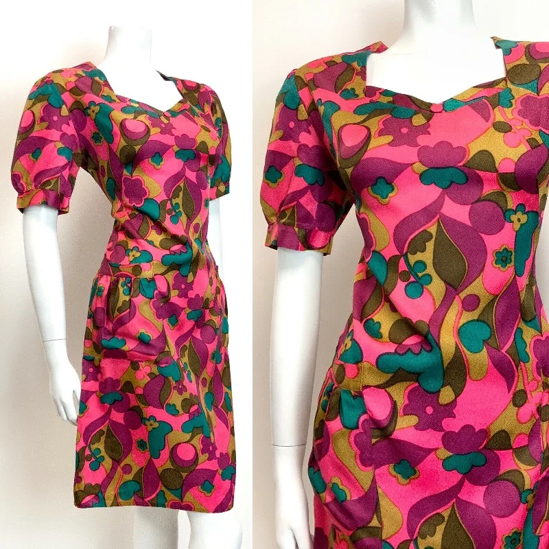 VINTAGE 60s 70s PINK PURPLE GREEN PSYCHEDELIC FLORAL MOD SHORT-SLEEVE DRESS 14