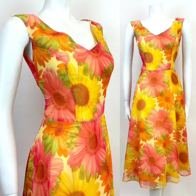 VINTAGE 60s 70s YELLOW ORANGE PINK FLOWER POWER GERBERA FLOATY SUMMER DRESS 8 10