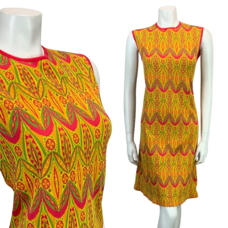 VINTAGE 60s 70s YELLOW ORANGE PINK GREEN FUNKY PRINT KNITTED MIDI MOD DRESS 14