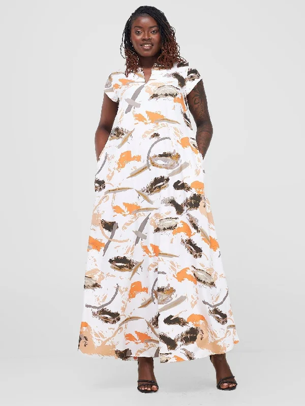 Vivo Zola V Neck Cap Sleeve Maxi Dress - Grey / Brown Print