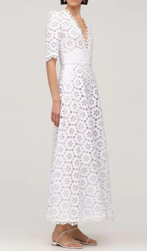 WHITE DEEP V-NECK LACE EYELET MAXI DRESS