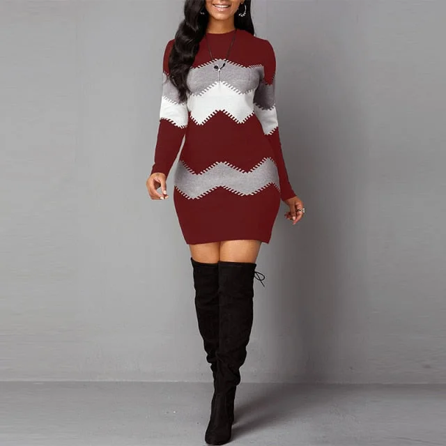 Amy Fashion - Women Autumn Elegant O-Neck Wave Striped Mini Dress