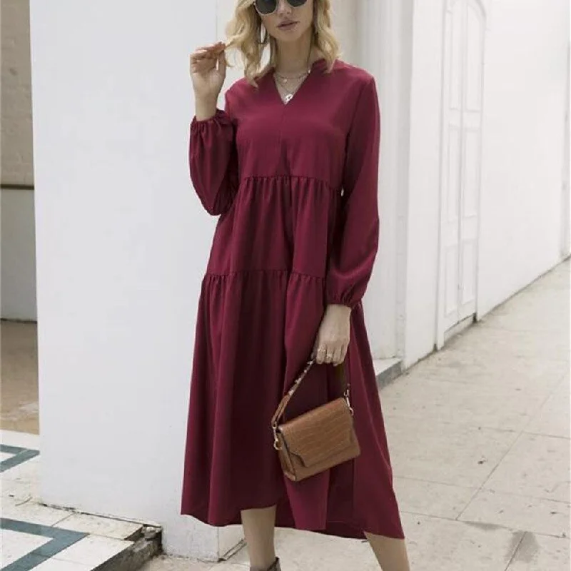 FashionSierra - Women Vintage Dress Autumn Boho Loose Long Sleeve Maxi Dress Ladies Holiday Party Kaftan Solid Long Shirt Dress