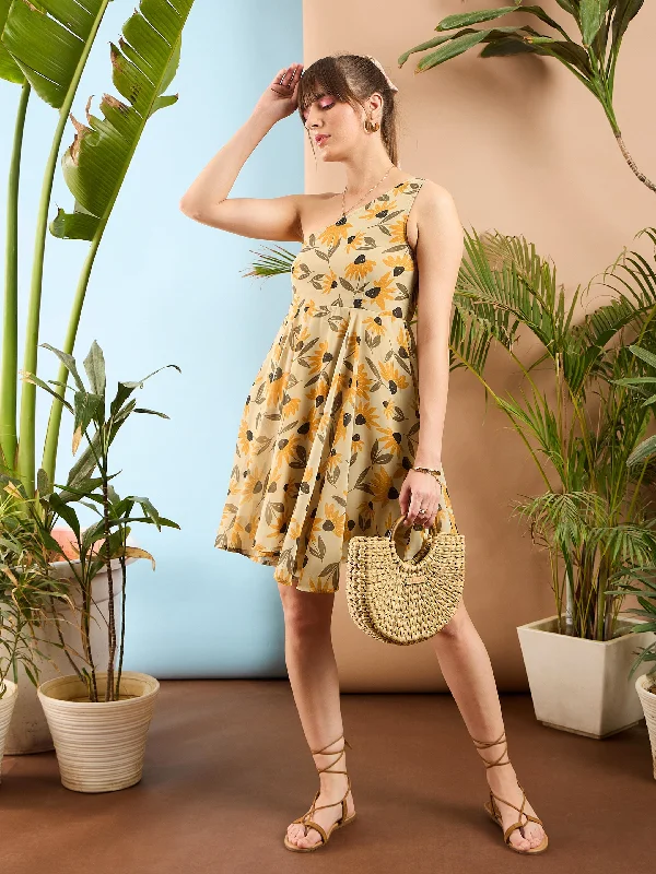 Women Yellow Floral Organza One Shoulder Dress