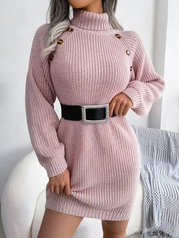 Women’s casual button high neck long sleeve bottomed fur dress