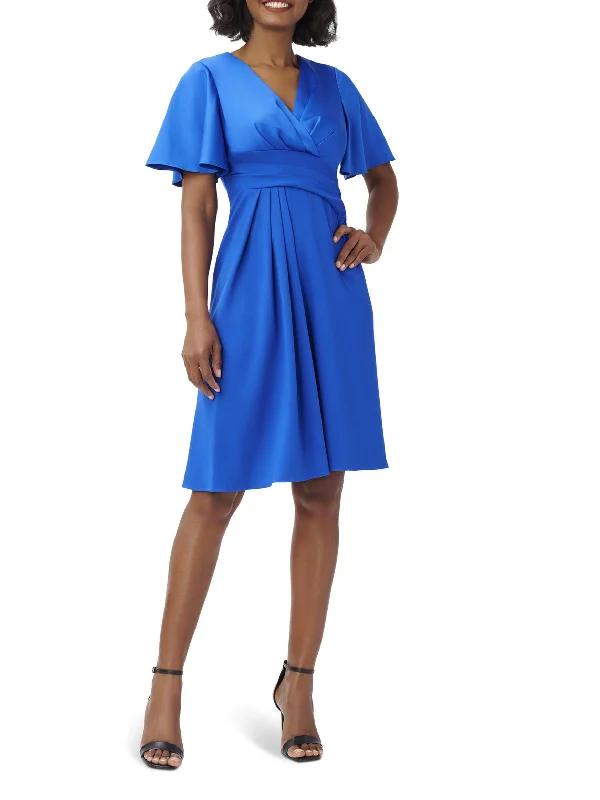 Womens Pleated V Neck Fit & Flare Dress