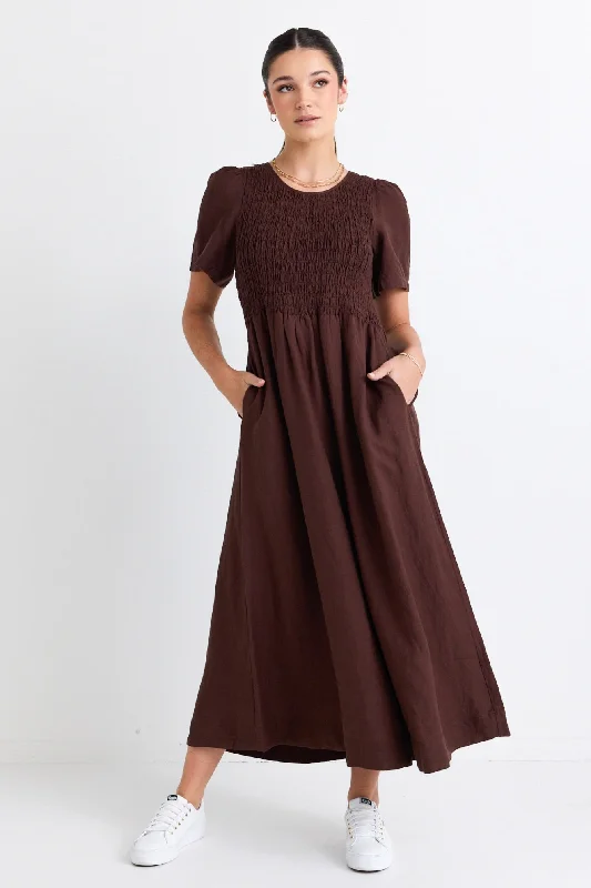 Wren Chocolate Linen Blend SS Shirred Bodice Midi Dress