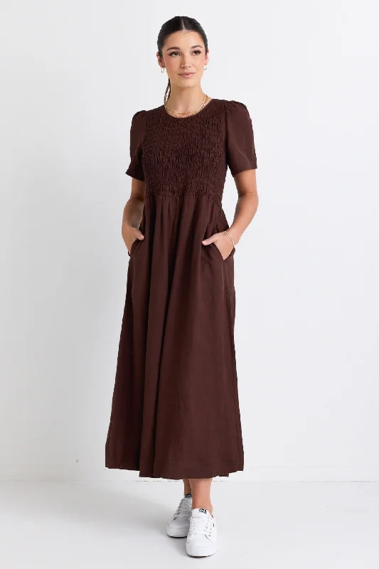 Wren Chocolate Linen Blend SS Shirred Bodice Midi Dress