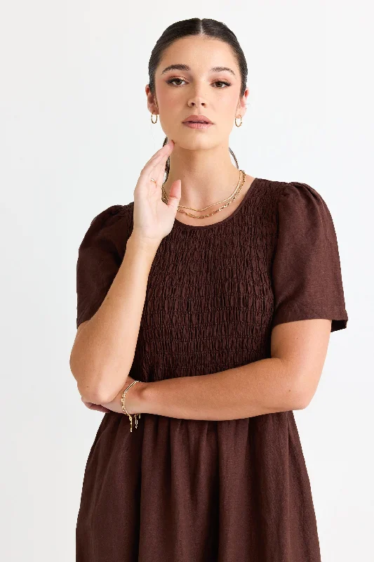 Wren Chocolate Linen Blend SS Shirred Bodice Midi Dress