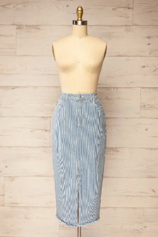 Clarke | Striped Blue Midi Denim Skirt