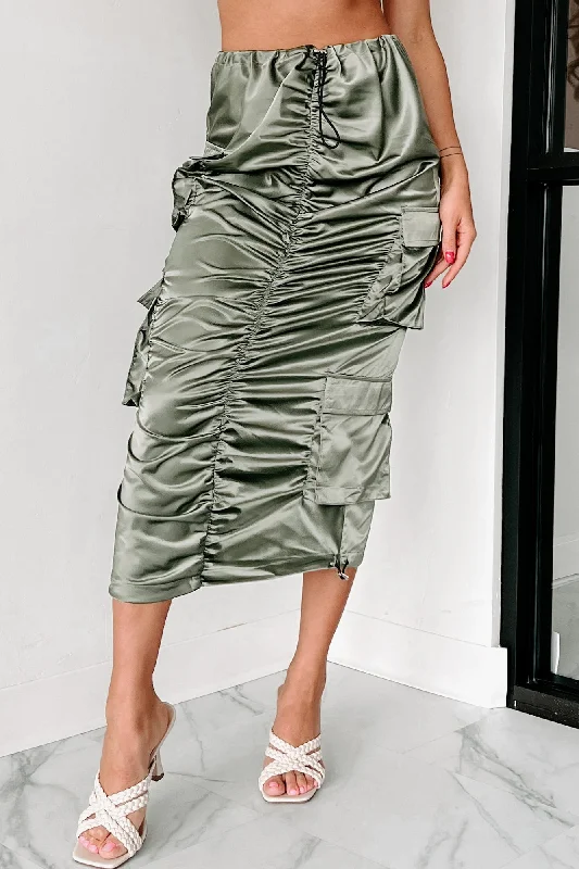 Killing You Softly Ruched Satin Cargo Skirt (Olive)