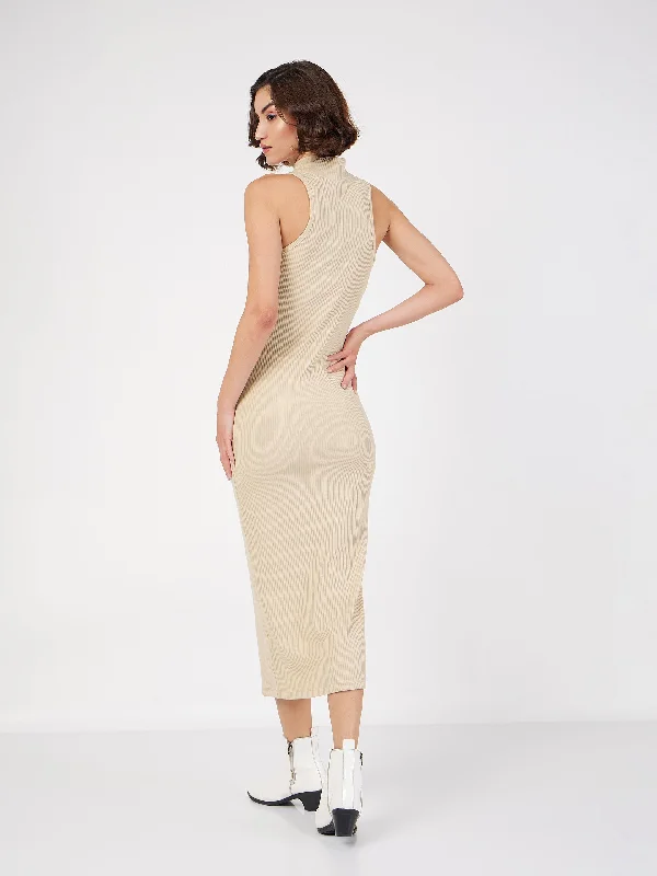 Women Beige Rib Turtle Neck Sleeveless Midi Dress