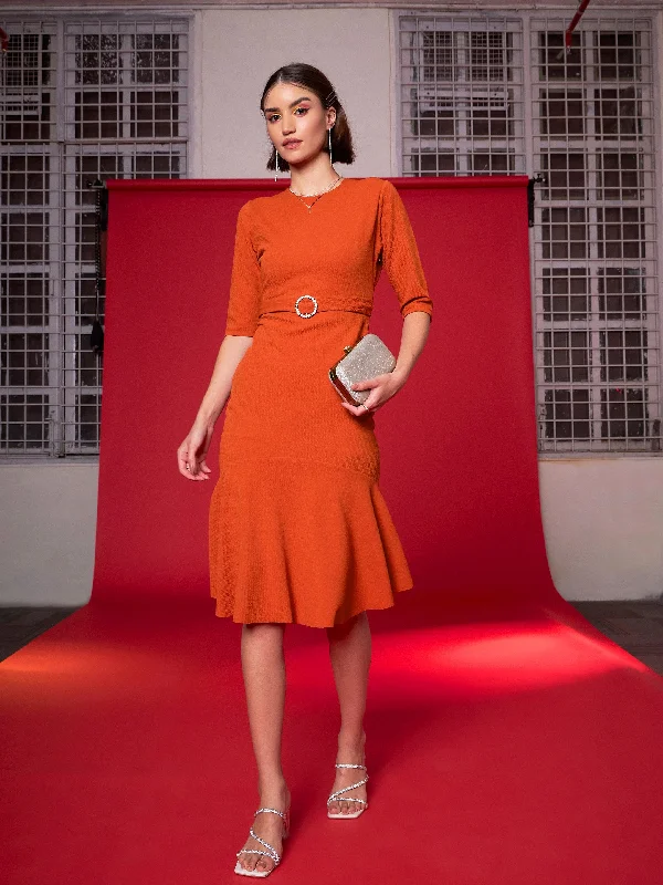 Women Orange Frill Hem Belted Midi Dress