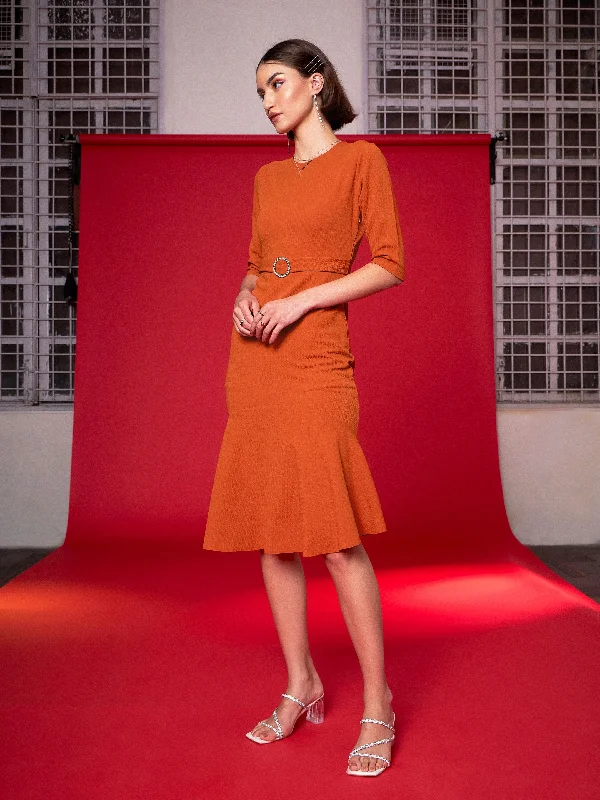 Women Orange Frill Hem Belted Midi Dress