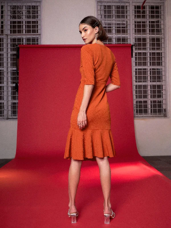 Women Orange Frill Hem Belted Midi Dress