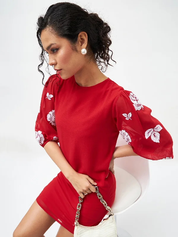 Women Red Floral Embroidered Puff Sleeves Dress