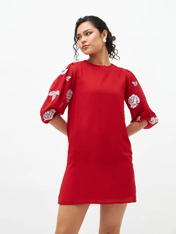 Women Red Floral Embroidered Puff Sleeves Dress