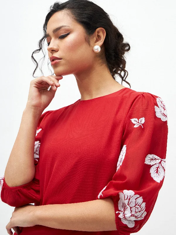 Women Red Floral Embroidered Puff Sleeves Dress