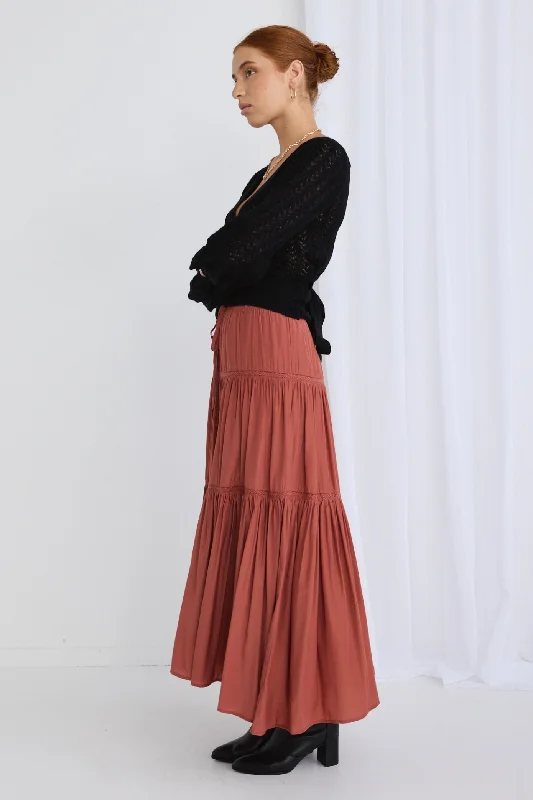 Angel Terracotta Tiered Lace Trim Maxi Skirt