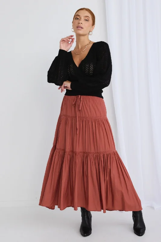 Angel Terracotta Tiered Lace Trim Maxi Skirt