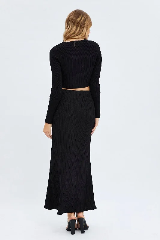 Black Maxi Skirt Mid Rise A-line Rib Jersey