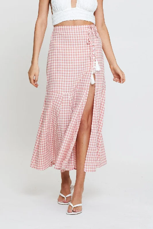 Check Maxi Skirt High Waist Front Split