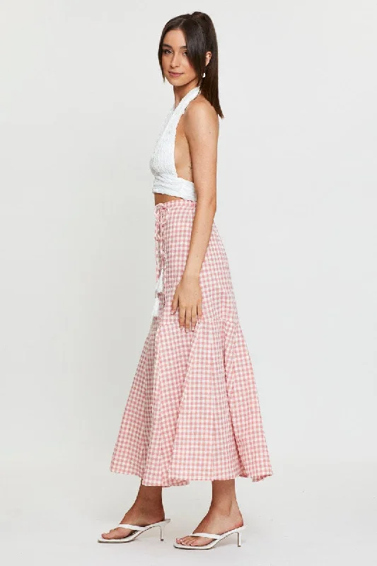 Check Maxi Skirt High Waist Front Split