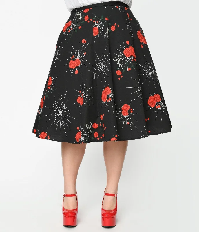 Collectif 1940s Black Spinners Web & Roses Swing Skirt