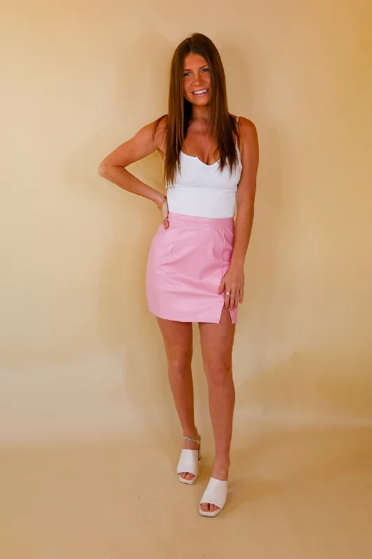 All the Buzz Faux Leather Side Slit Mini Skirt in Light Pink