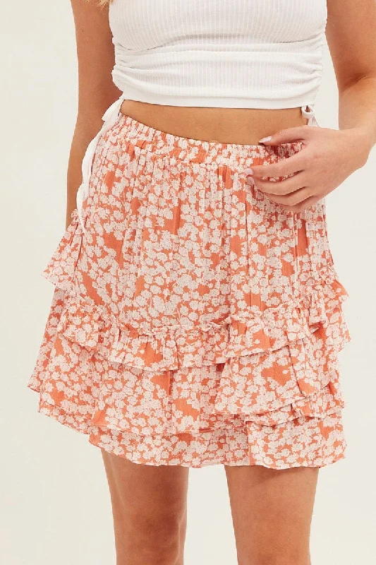 Floral Print Skater Skirt Asymmetrical Frill Floral