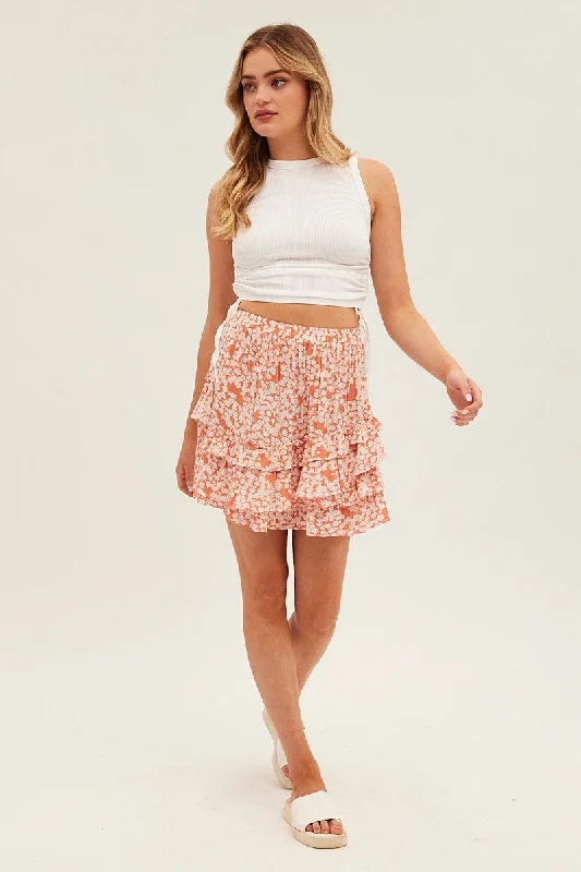 Floral Print Skater Skirt Asymmetrical Frill Floral