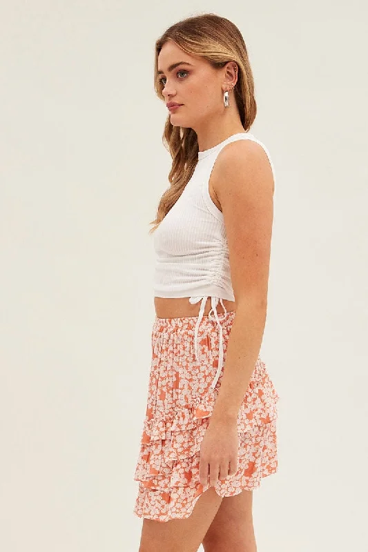 Floral Print Skater Skirt Asymmetrical Frill Floral