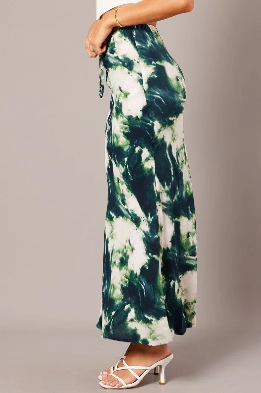 Green Abstract Slip Skirt Maxi Drawstring Waist