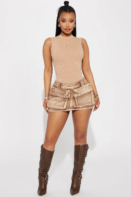 Tone It Down Denim Micro Mini Skort - Brown